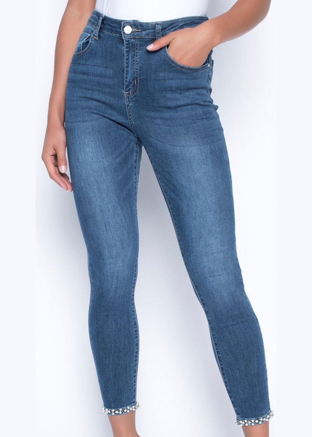 Frank Lyman Blue Stretch Jeans with Diamanté & Pearl Hem - Justina Clothing