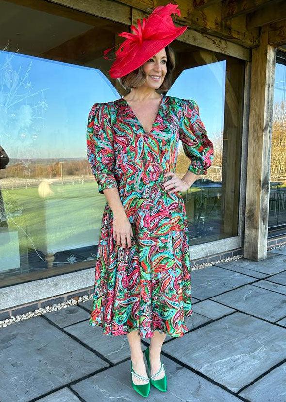 Paisley Satin V-Neck Dress - Justina Clothing