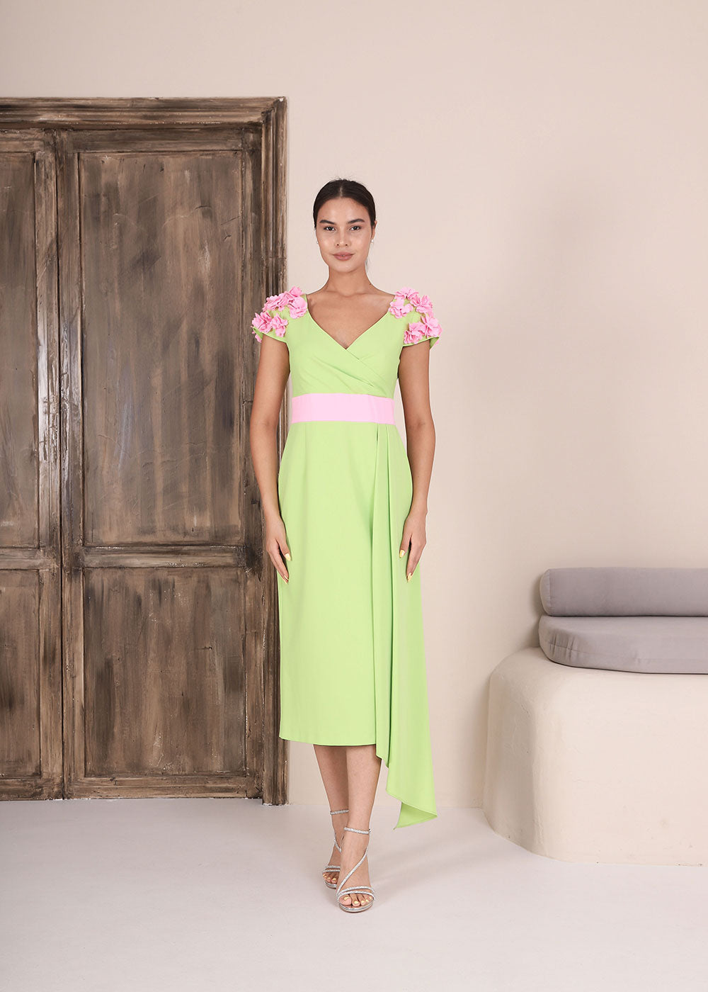 Flower Shoulder Lime Dress