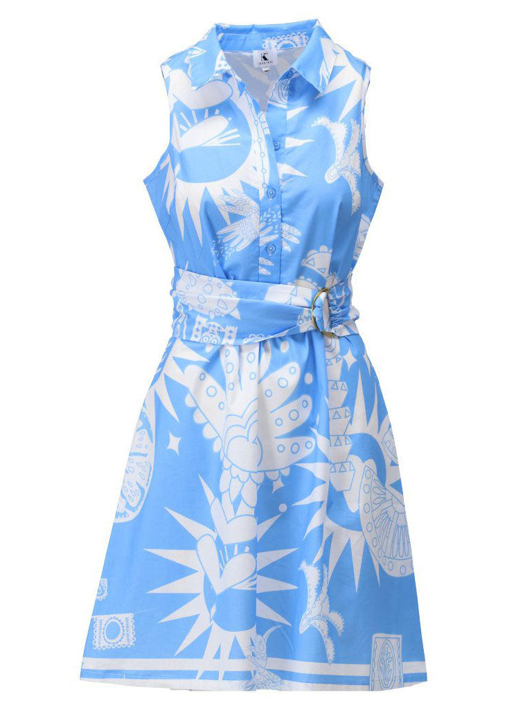Blue Print Sleeveless Shirt Dress