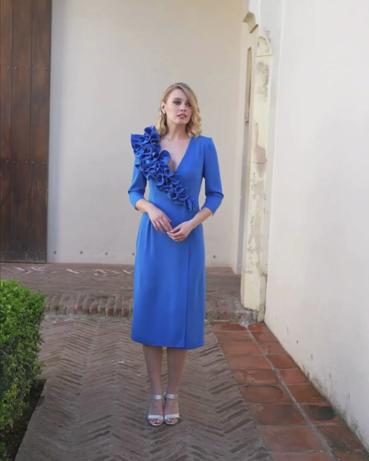 Ruched V-Neck Dress - Blue