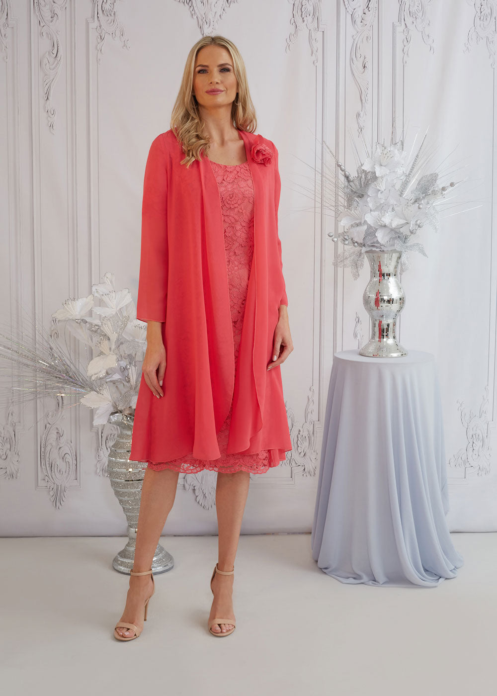 Glitz Coral Lacey Dress & Jacket