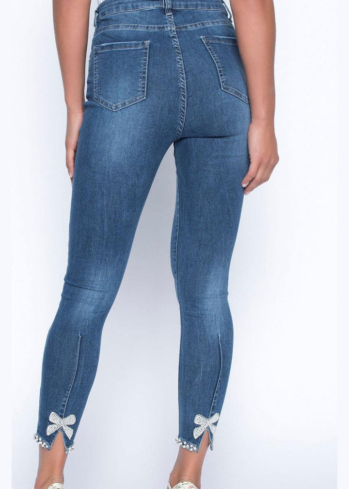Frank Lyman Blue Stretch Jeans with Diamanté & Pearl Hem - Justina Clothing