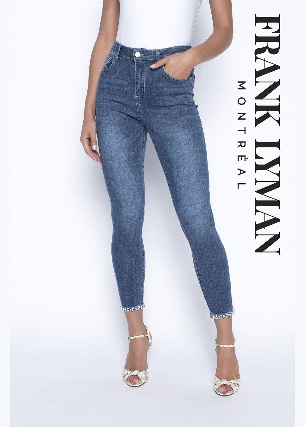 Frank Lyman Blue Stretch Jeans with Diamanté & Pearl Hem - Justina Clothing