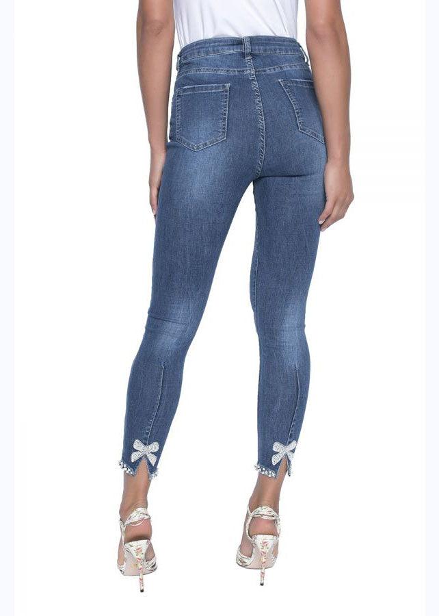 Frank Lyman Blue Stretch Jeans with Diamanté & Pearl Hem - Justina Clothing