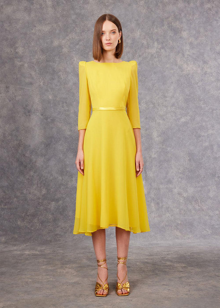 Carla Ruiz Yellow Chiffon Midi Dress - Justina Clothing