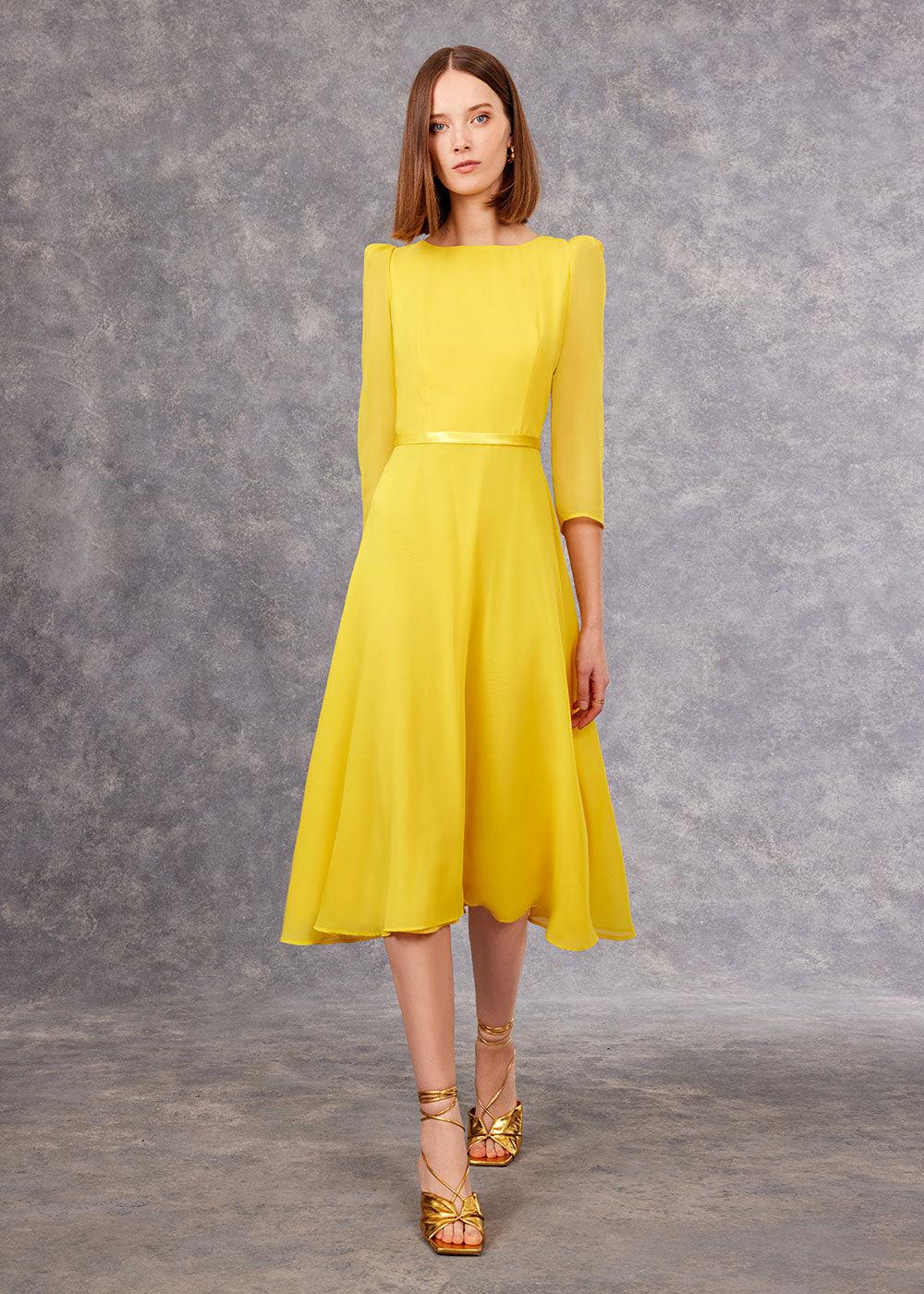 Carla Ruiz Yellow Chiffon Midi Dress - Justina Clothing