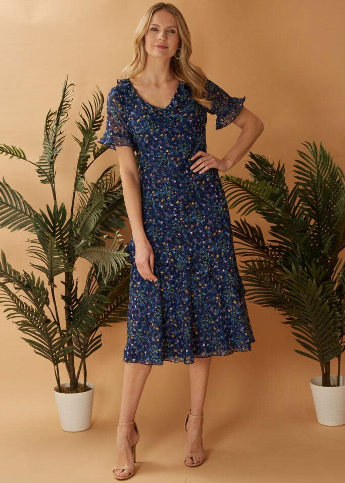 Glitz Navy Flower Dress - Justina Clothing