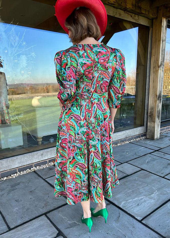 Paisley Satin V-Neck Dress - Justina Clothing